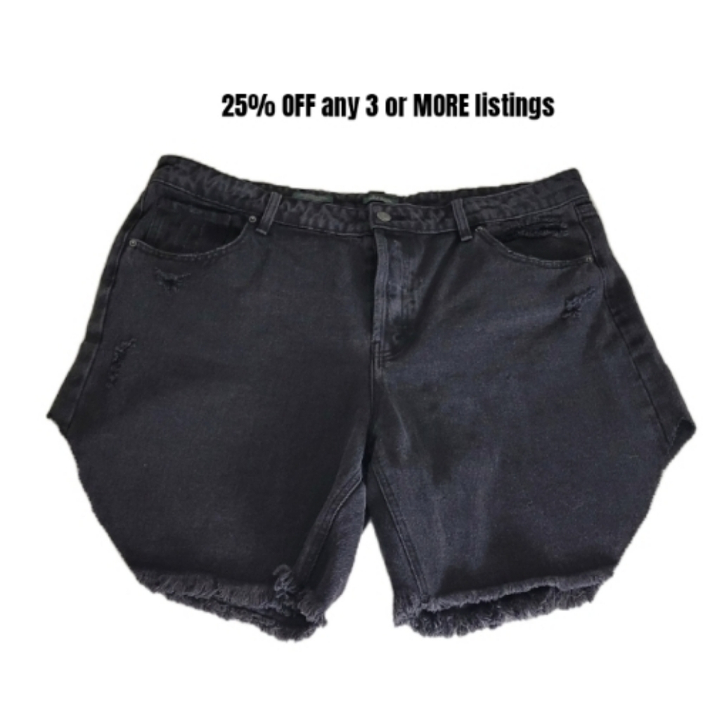 Black Denim Women Shorts Plus Size 18 High Rise Waist Bermuda Fringe Distressed